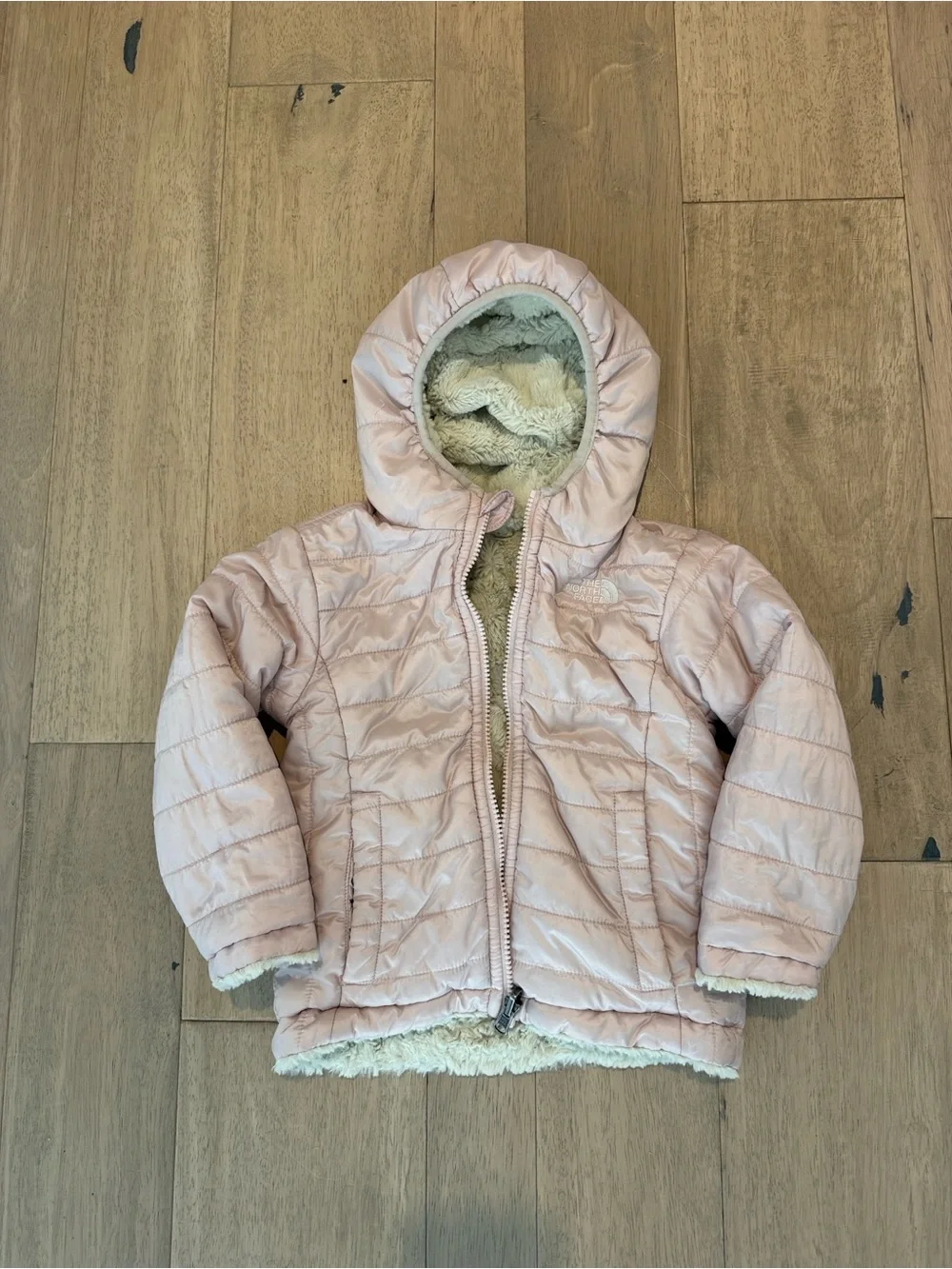 The North Face Girls Pink Hooded reversible Puffer Jacket with Faux Sherpa